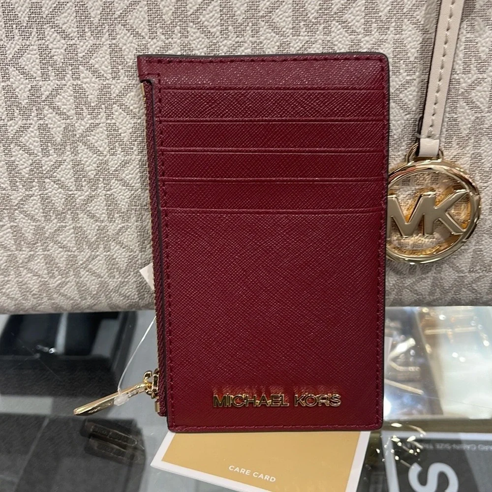 MICHAEL KORS Jet Set Travel Medium Top Zip Leather Card Case Wallet  Dark Cherry
